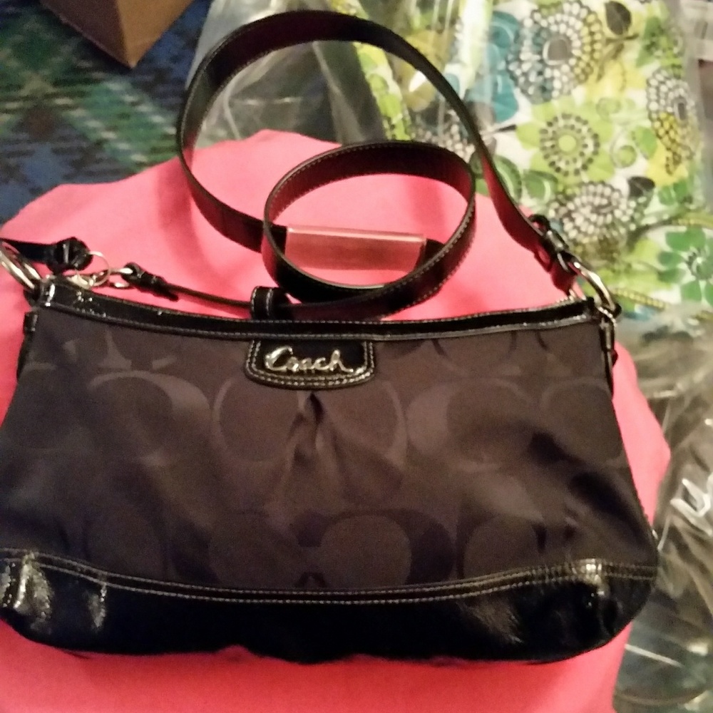 Coach signature sateen and patent black cross body